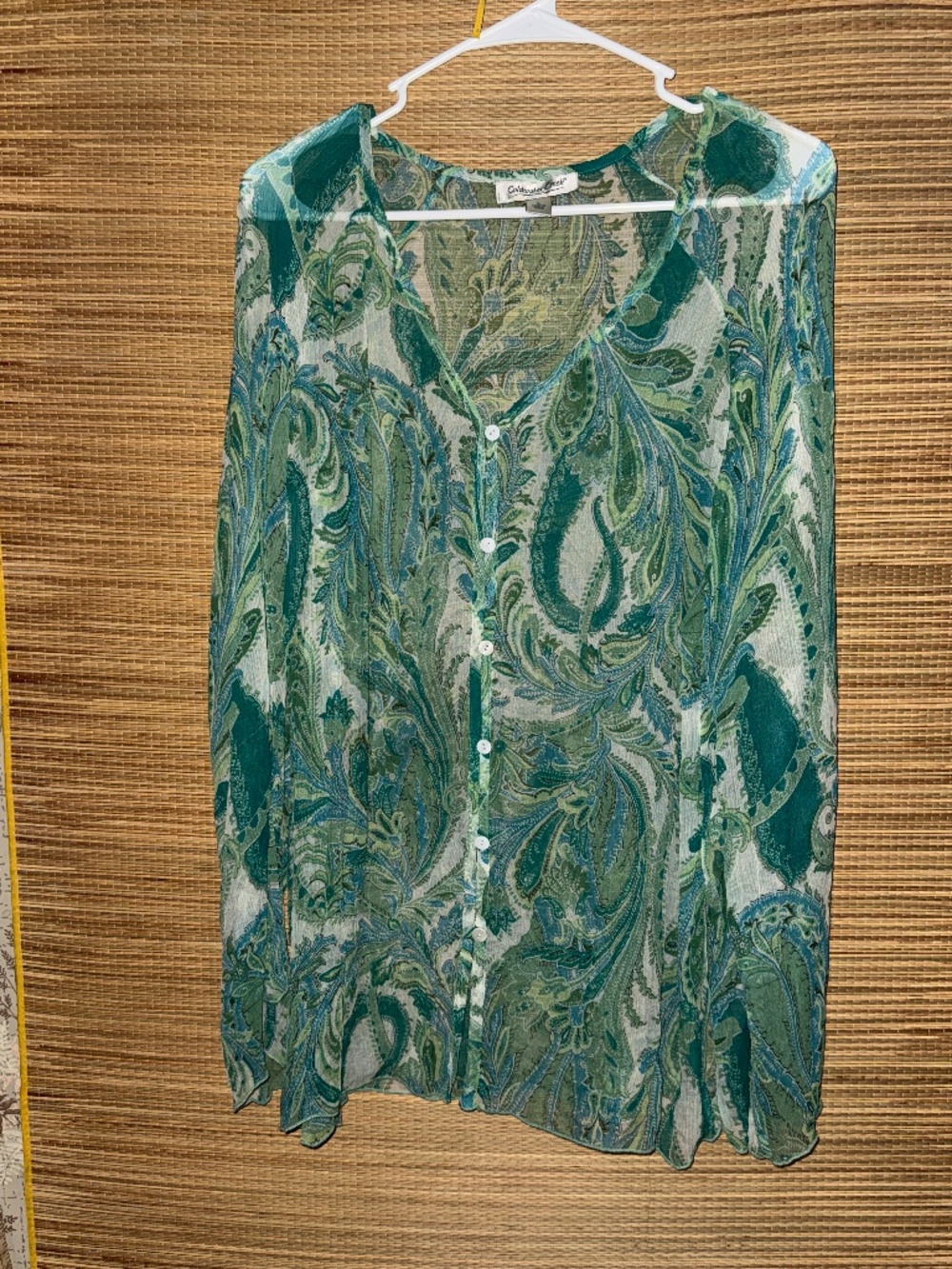Silk Sea Green and Blue Paisley Sheer Tunic Long Sleeve  Coldwater Creek Size L